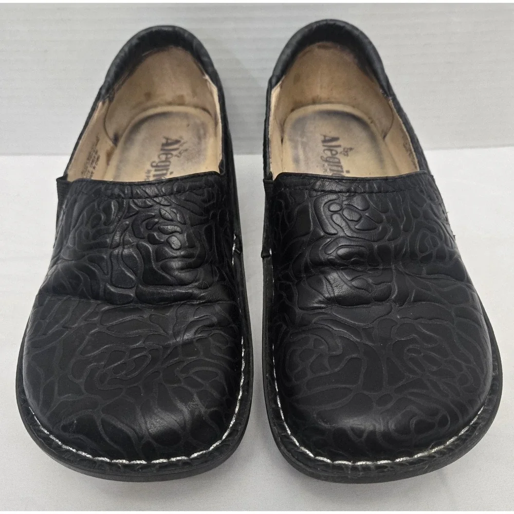 Alegria Debra Comfort Shoes EU Size 37 Black Leather Embossed Floral Slip On GUC